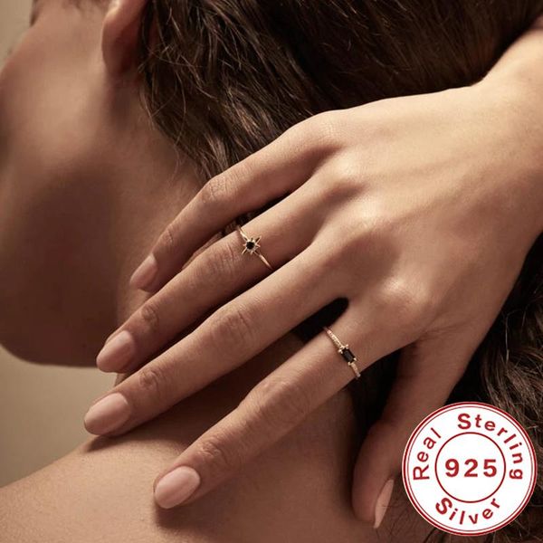 fashion anise star/geometric rings for women exquisite black zircon stars 925 sterling silver ring fine jewelry anillos cluster, Golden;silver